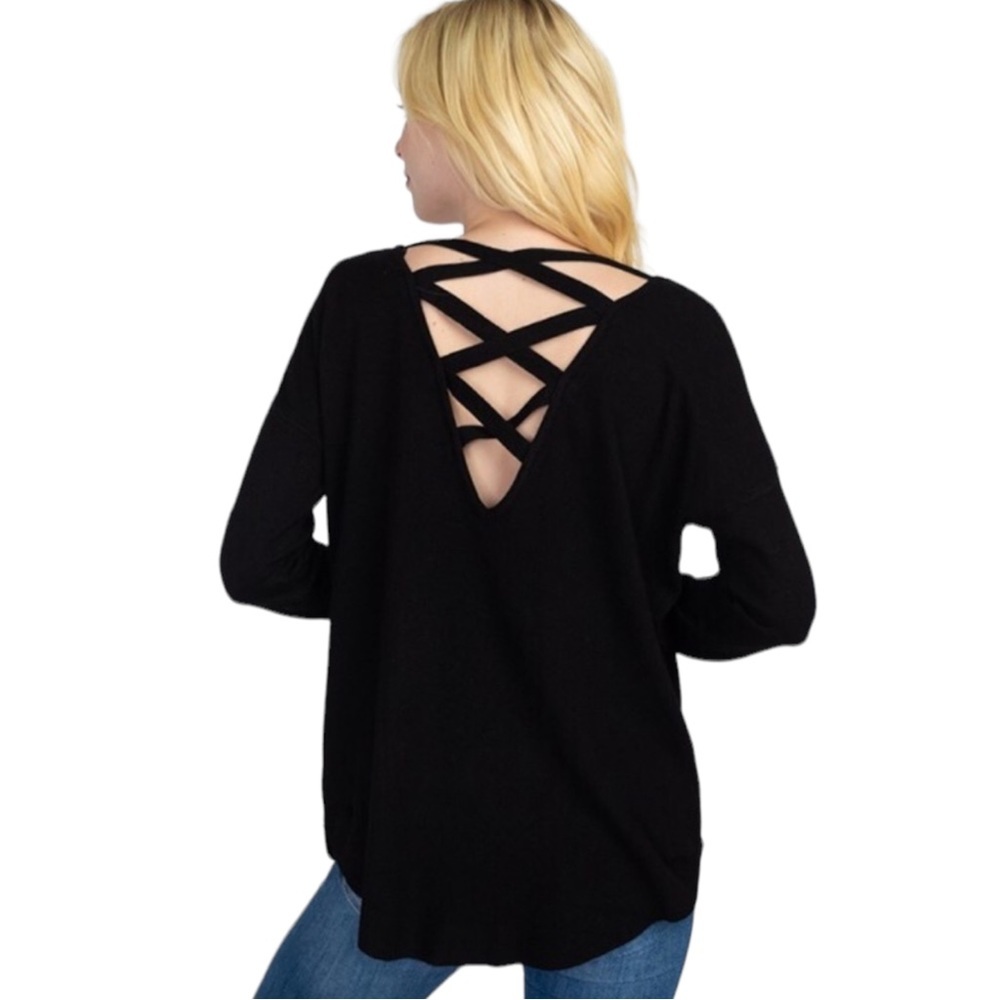 NWT Dreamers By Debut Black Back Lace V-Neck Sweater Small
